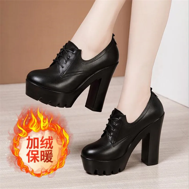 Women Pumps Shoes Deep Mouth Pointed Toe Leather Shoes Spring Autumn Black High Heels Fashion Lace up Office Shoes Ankle Boots