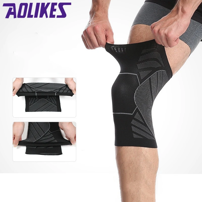 AOLIKES 1Pcs Elastic Knitted Nylon Knee Brace Fitness Seamless Cuff Kneepad Silicone Non-slip Sports Knee Protector Compression