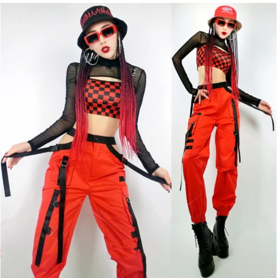 Modern Jazz Dance Costumes Women Red Plaid Vest Hollow Pants Adult Hip Hop Clothes Fashion Gogo Outfits Dj Show Costume