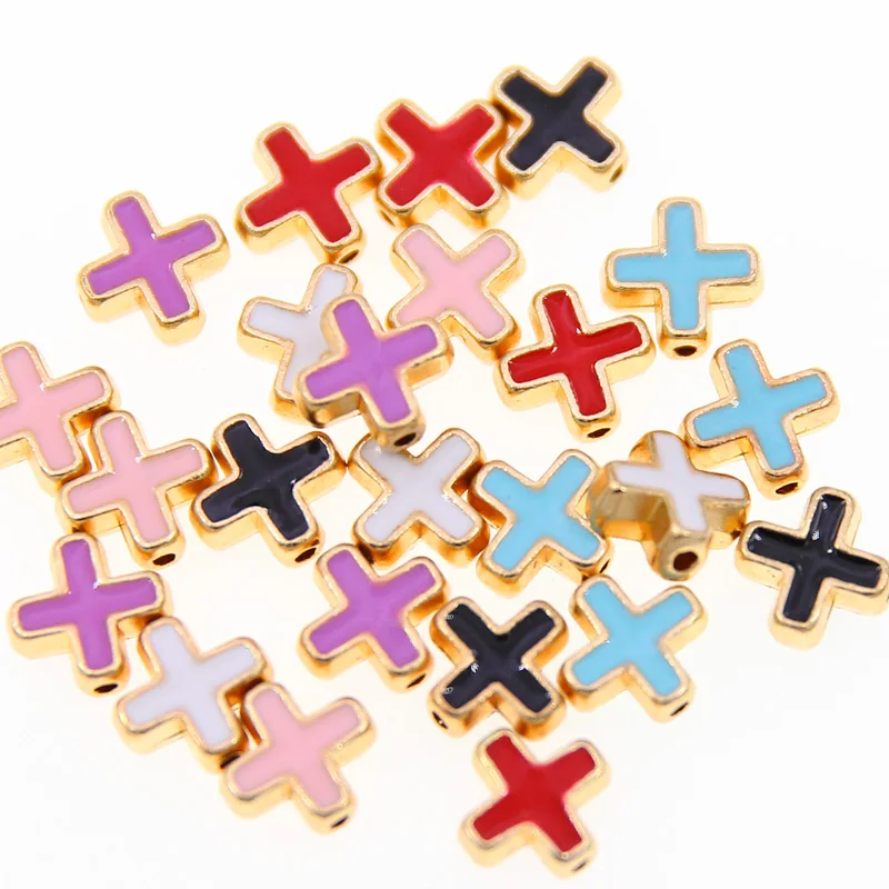 10pcs 10mm Colored Enamel  Beads Cross Beads Handmade Fit For charm Jewelry Making  Cross Spacer Beads Accessories