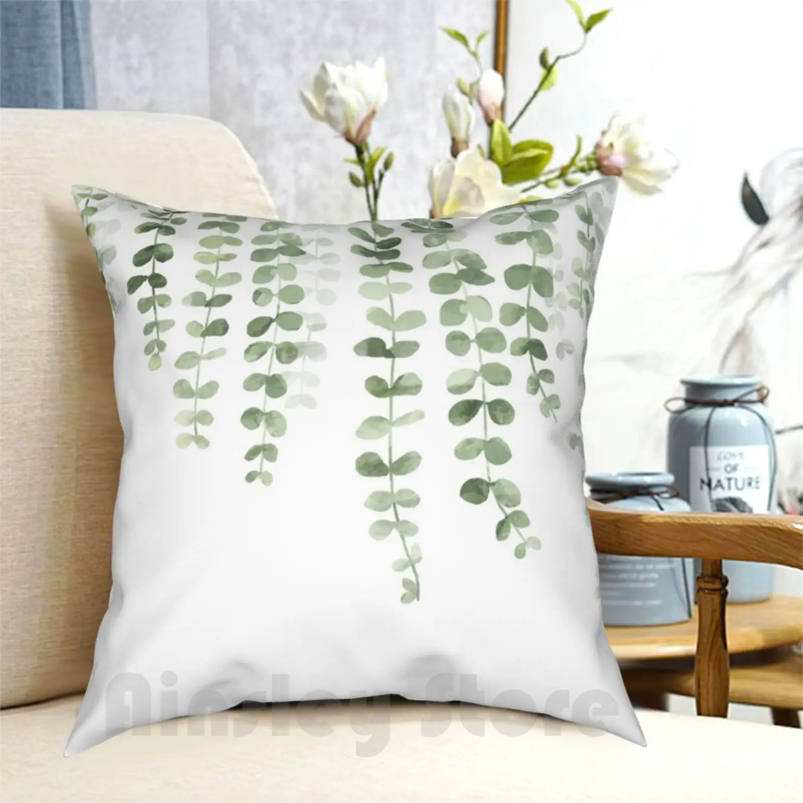 Eucalyptus Watercolor Pillow Case Printed Home Soft DIY Pillow cover Plant Climbing Vines Herb Leaf Leaves Backdrop