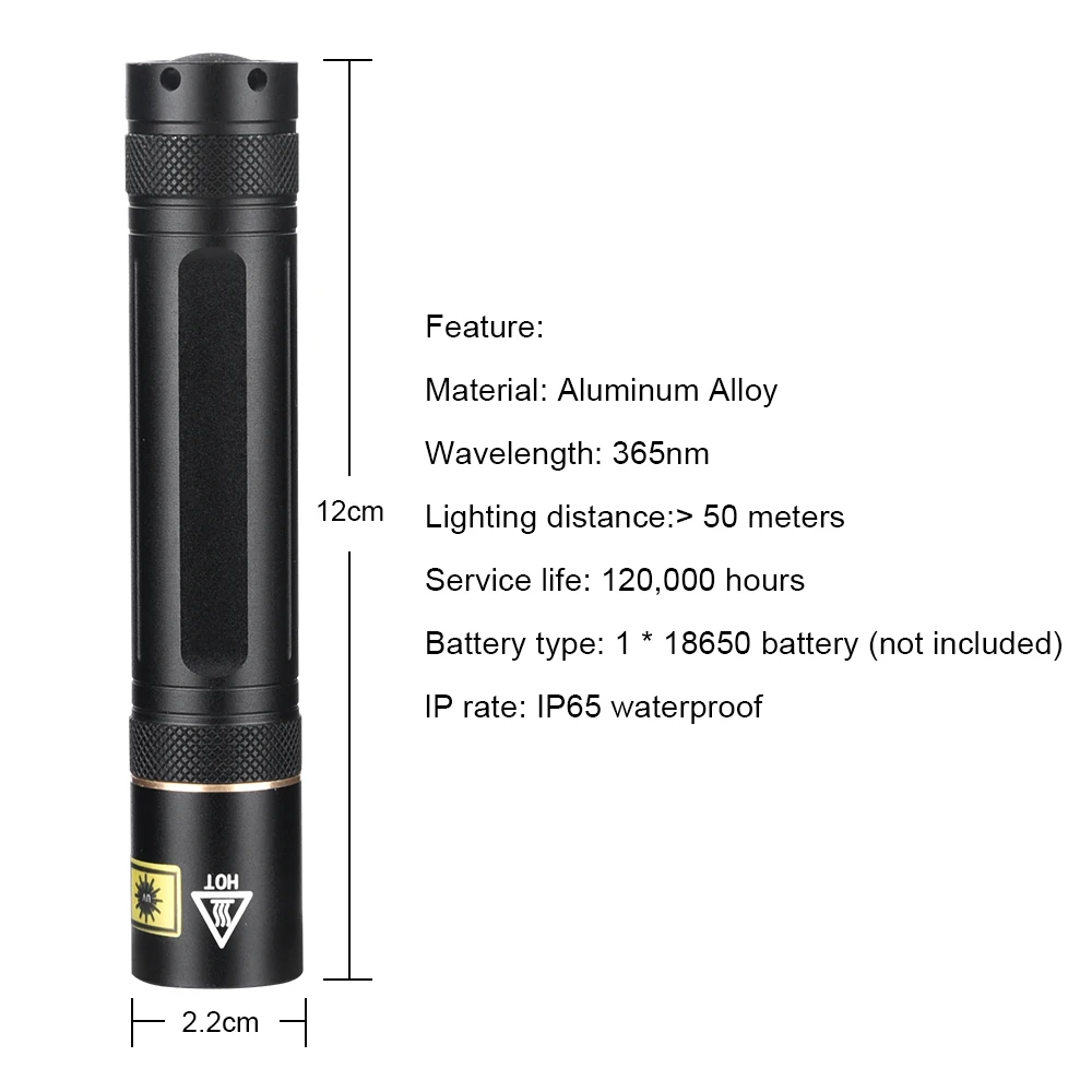 Anjoet-linterna LED UV ultravioleta Invisible para mascotas, 365nm, marcador de caza con manchas, batería 18650