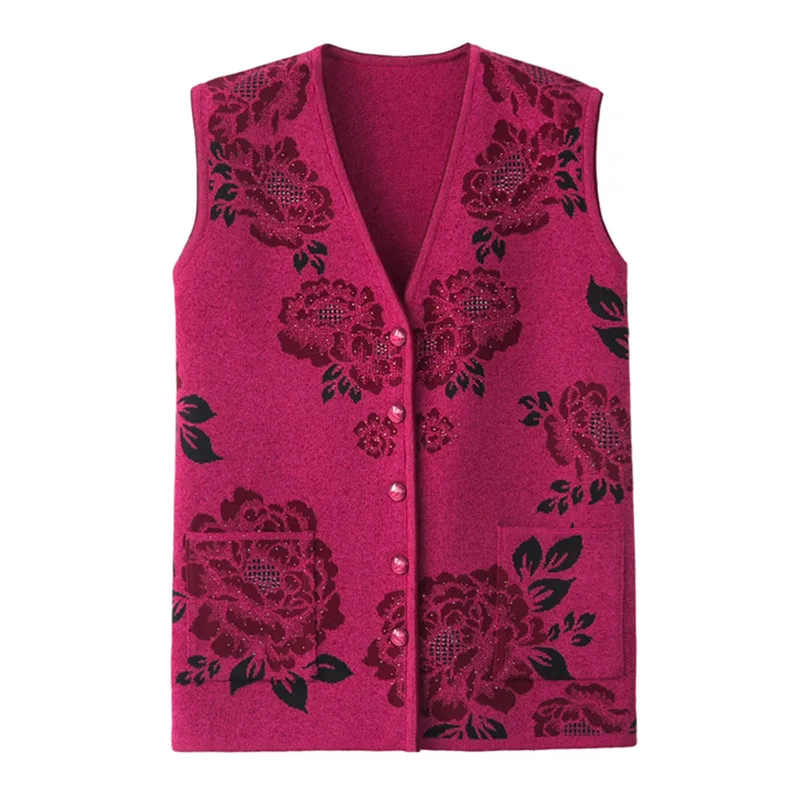 UHYTGF Women vest Fashion flower beaded knitted spring autumn vest waistcoat casual warm women\'s sleeveless jacket Big size 737