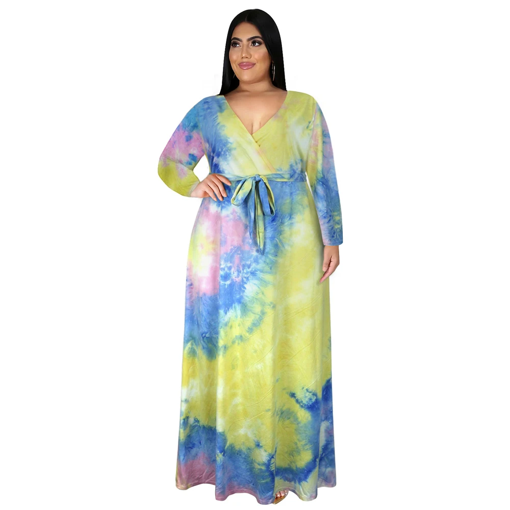 Plus Size Tie Dye Long Dress Women Winter Autumn Long Sleeve Sexy V-neck High Waist Split Bandage Casual Fashion Maxi Dress 5XL