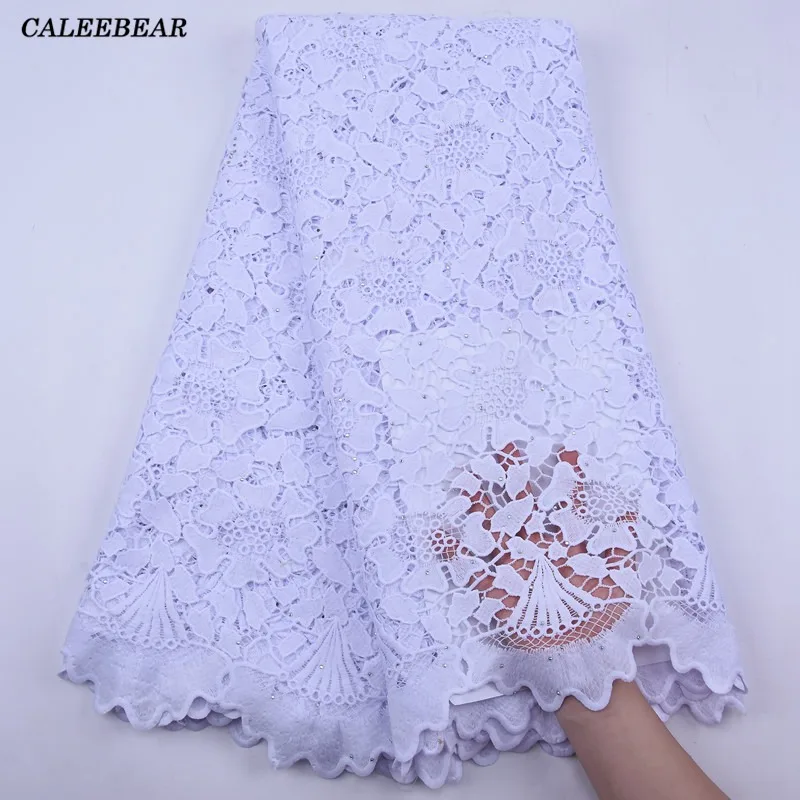

2022 Latest African Guipure Cord Lace Fabric Pure White Nigerian Net Water Soluble Cord Lace With Stones For Wedding Party S2069