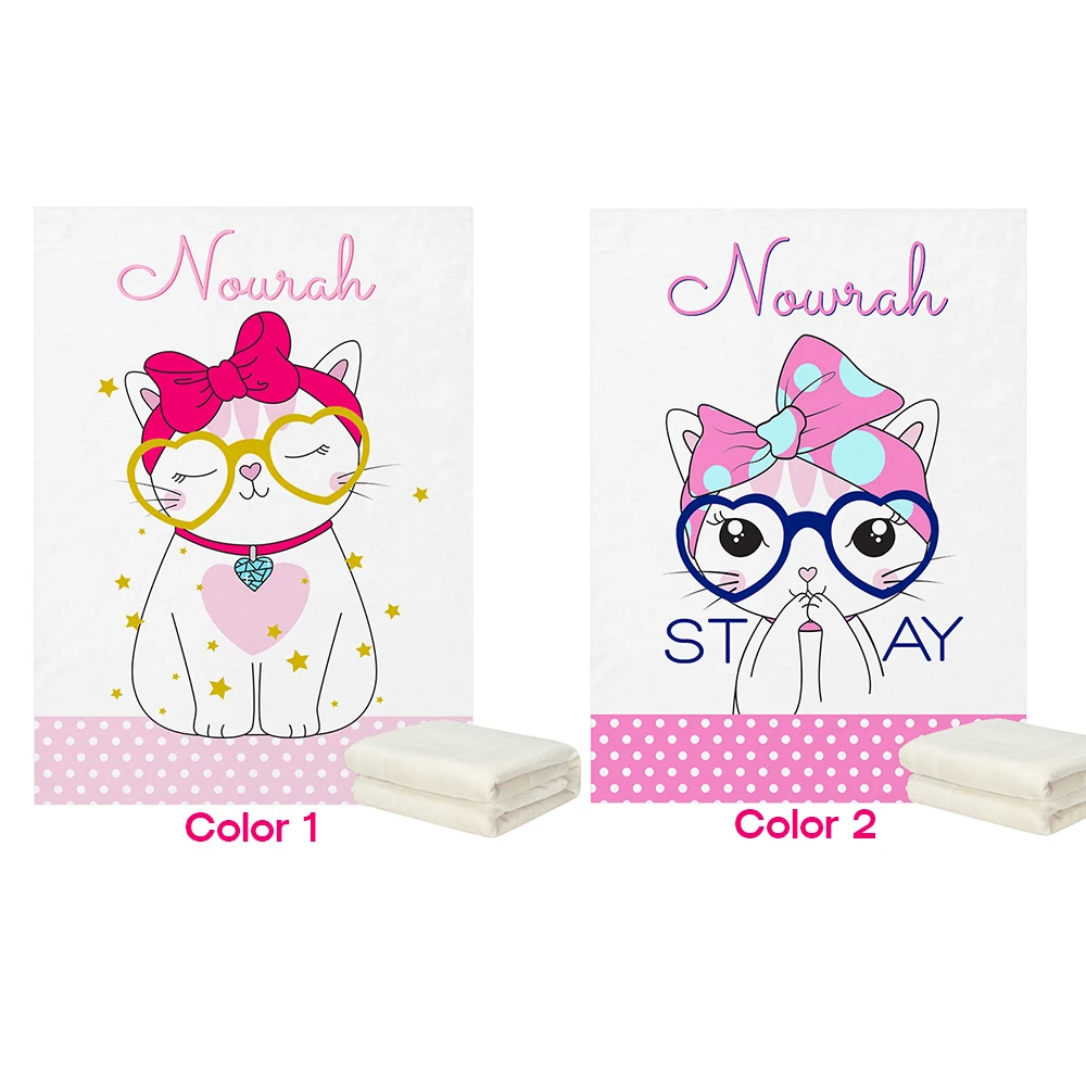 LVYZIHO Cute Cartoon Cat Baby Blanket Personalized Name Baby Girl Blanket - 30x40 / 48x60 / 60x80 Inches - Fleece Blanket