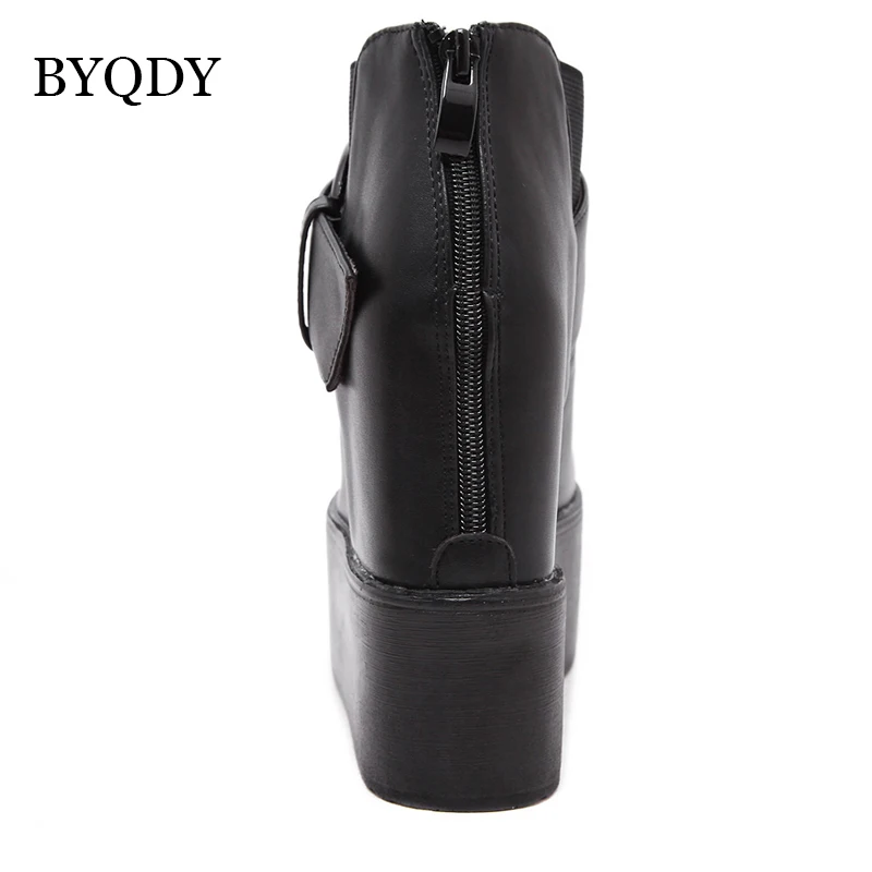 BYQDY Metal Buckle PU Leather Short Boots Woman Shoes Lolita Ankle Black Rubber Footwear Platform Wedges High Heels Female Boot