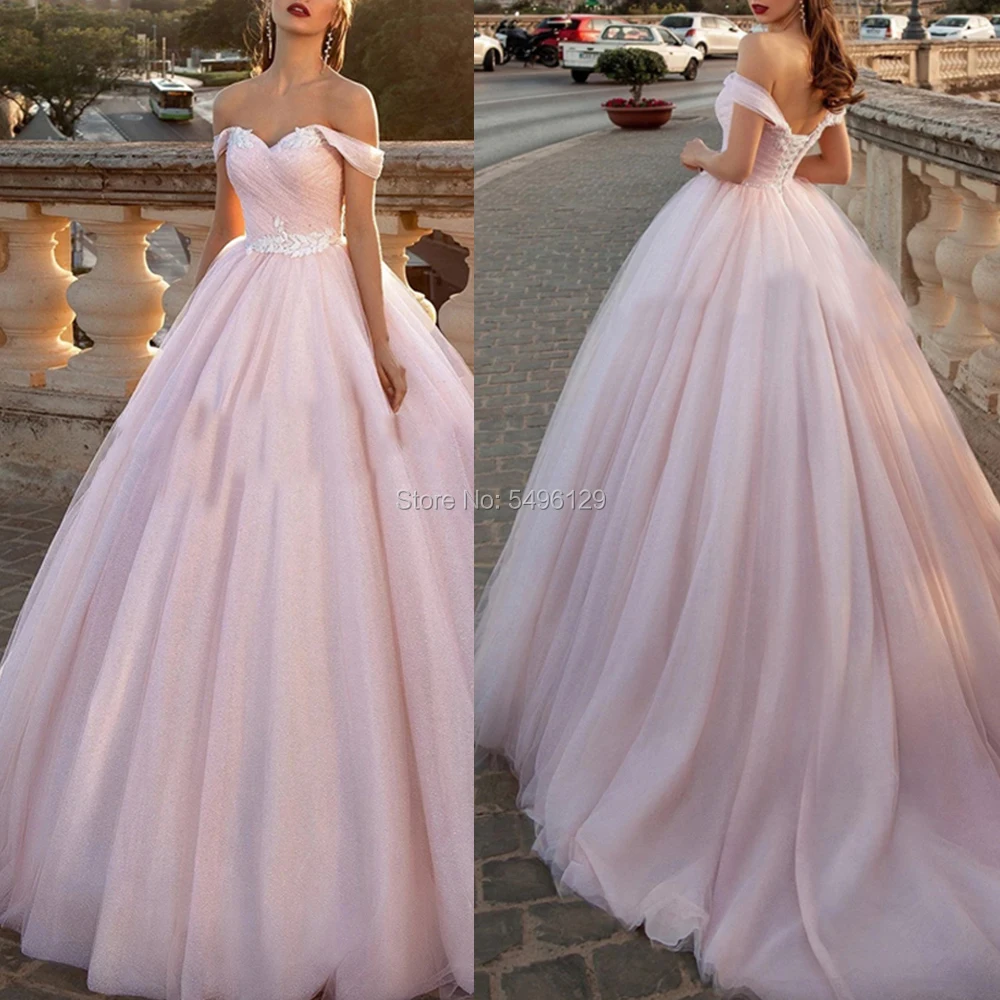 

Off the Shoulder Soft Tulle Ball Gown Pink Wedding Dresses Appliques Lace up Bridal Gowns Sleeveless Open Back Vestido De Noiva