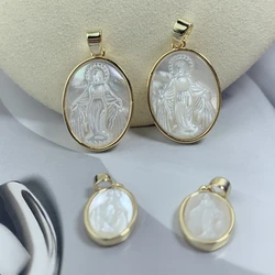 Metal MOP Pearl Shell Oval Virgin Mary Charms Necklaces Pendant For Jewelry Making Christian Accessories