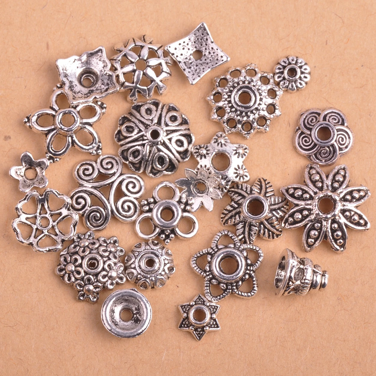 Tibetan Silver Color Metal Flower Loose Spacer Beads Caps Wholesale Lot for Jewelry Making DIY Crafts Findings