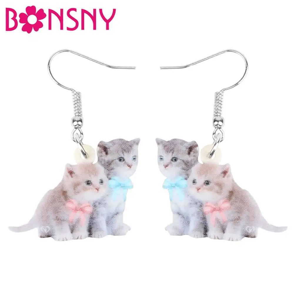 Bonsny Acrylic Double Bow-knot Cat Kitten Earrings Drop Dangle Animal Jewelry For Women Girls Teen Kid Decoration Gift Accessory