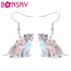 Bonsny Acrylic Double Bow-knot Cat Kitten Earrings Drop Dangle Animal Jewelry For Women Girls Teen Kid Decoration Gift Accessory