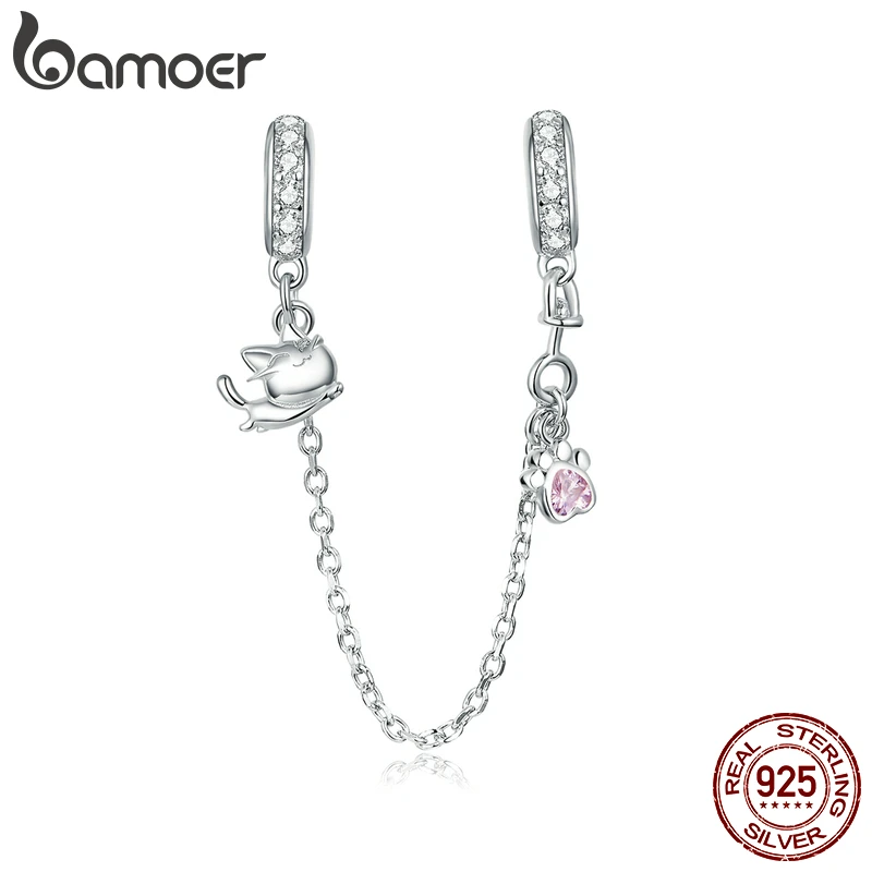 

bamoer Silver 925 Jewelry Kitty Cat Safety Chain Charm fit for Original 3mm Snake Bracelet & Bangle Fine Jewelry Making BSC243