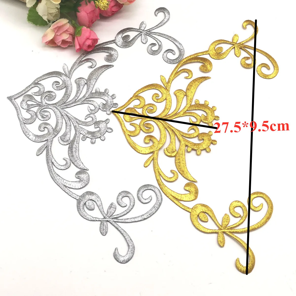 Emas Bordir Patch Besi Pada Pasangan Cermin Appliqued Diy Pakaian Kostum Trim 16Cm * 7.5Cm