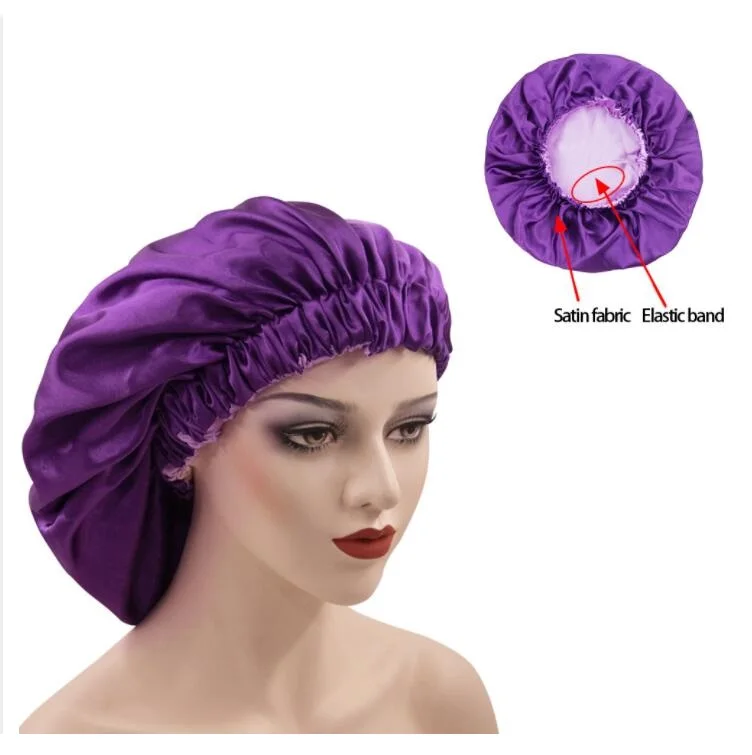 Solid Color Reversible Silky Satin Bonnet Double Layer Sleep Night Cap Head Cover Bonnet Hat for For Curly Springy Hair Black