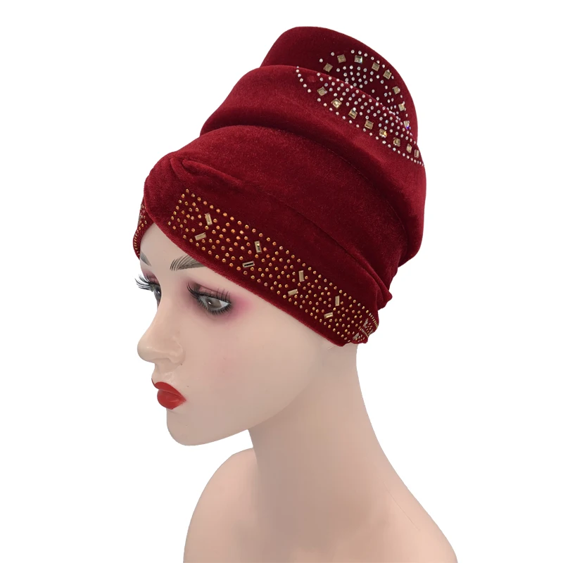 Berretto Hijab con diamanti in velluto cappellino Turbante da donna cappellino musulmano con foulard cappello islamico avvolgente cappello africano