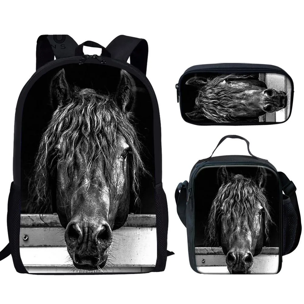 School Bags For Kids Pencil Case Set Crazy Horse 3D Printing  Black School-bag Fire Gold Horse