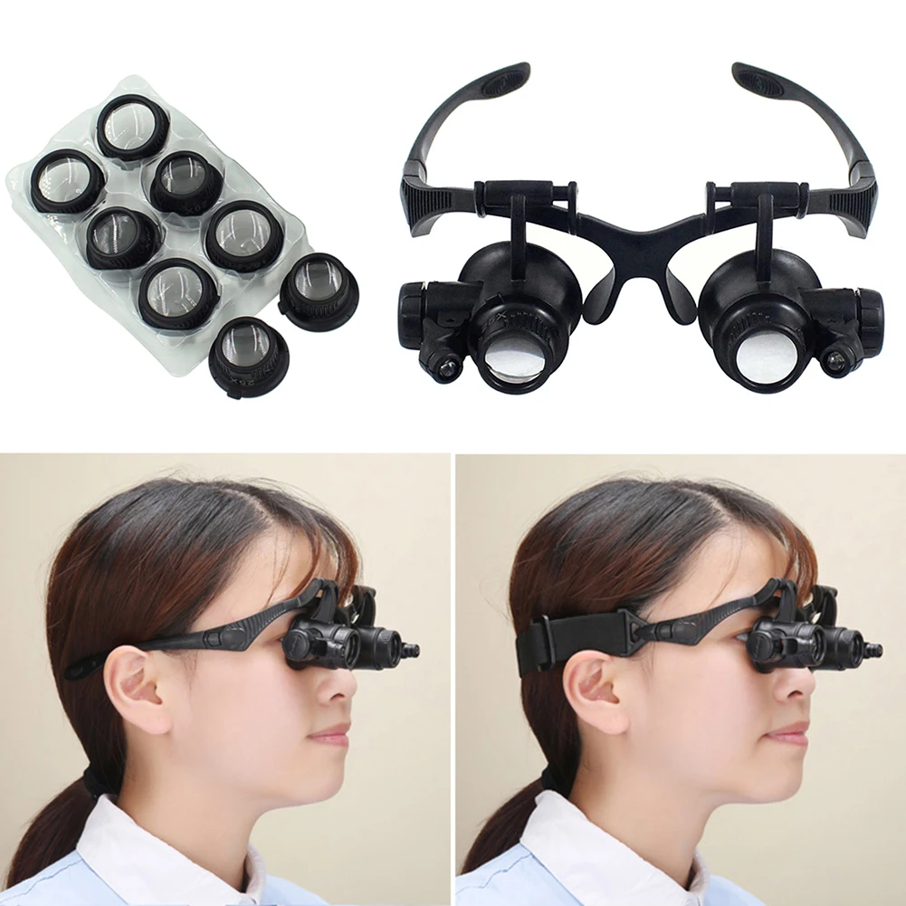 10X 15X 20X 25X Double Eye Loupe Head Wearing Magnifier Eye Glasses Loupes with LED Light Headband Jeweler Watch Repair Loupe