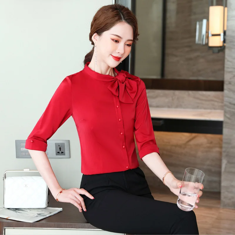 New Styles 2021 Summer Half Sleeve Blouses Shirts Elegant Red for Women Business Work Wear Bow Blouse Female Tops Clothes