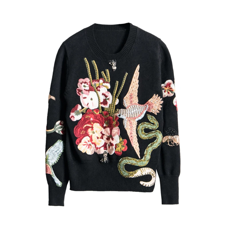 Autumn Winter Sweaters New Fashion Women\'s Long Sleeve Elegant birds beading Flower Embroidery novel Wool Sweater