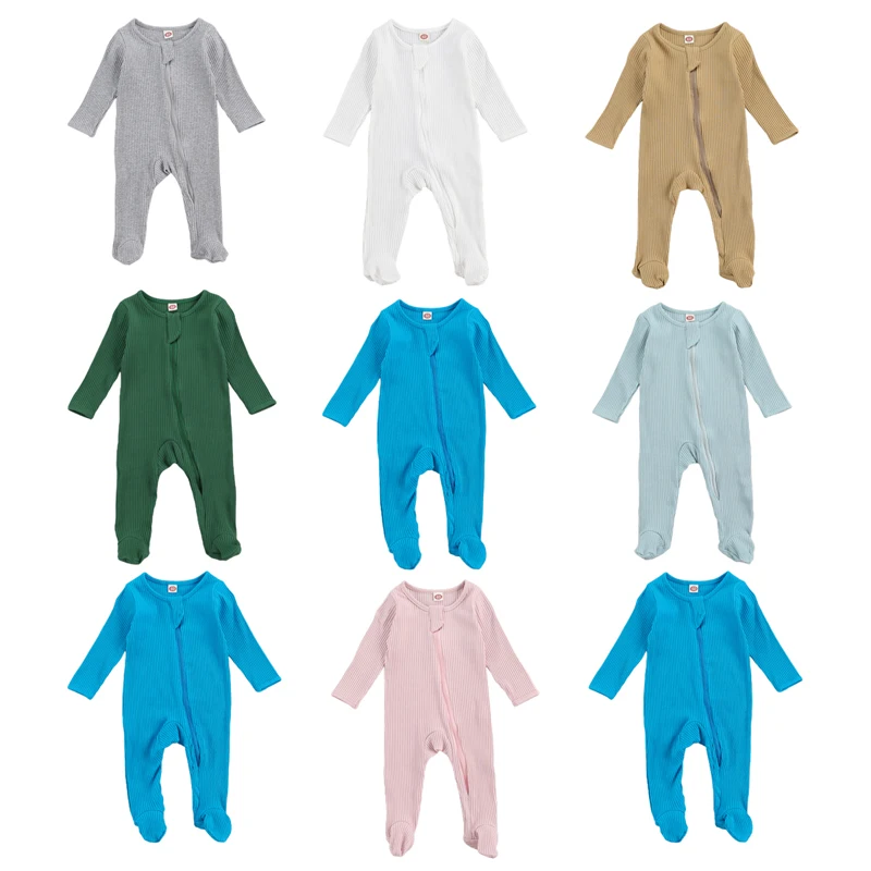 lioraitiin 0-6M Newborn Infant Baby Boy Girl Sleep Romper Long Sleeve Solid Cotton Soft Zipper Jumpsuit Clothing 7Colors