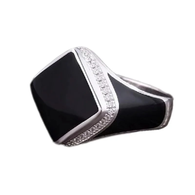 BOCAI New Vintage Inlaid Gemstone Men\'s Ring Real 925 Silver Jewelry  Fashion Simple Black Diamond Shaped Epoxy Birthday Gift