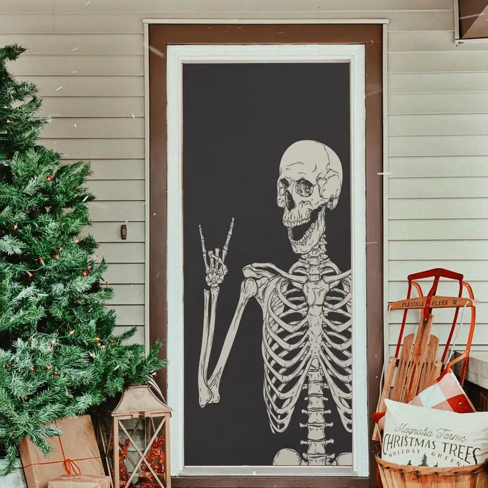 Rock And Roll Skull Skeleton Door Covers Reusable Fabric Posters for Front Door Home Decor Washable Door Banner Personalized