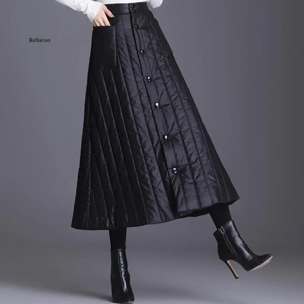 Women\'s Skirts Thick Warm Duck Down Long Winter Skirts Black High Street Single-Breasted Buttons One-Piece Wrap Skirt Female