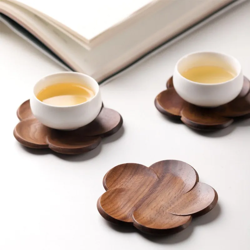 Solid Wood Coaster Cup Mat Flower Petal Heat Resistant Drink Mat Natural Peach Wood Kungfu Tea Cup Pad Non-slip Insulation Mat