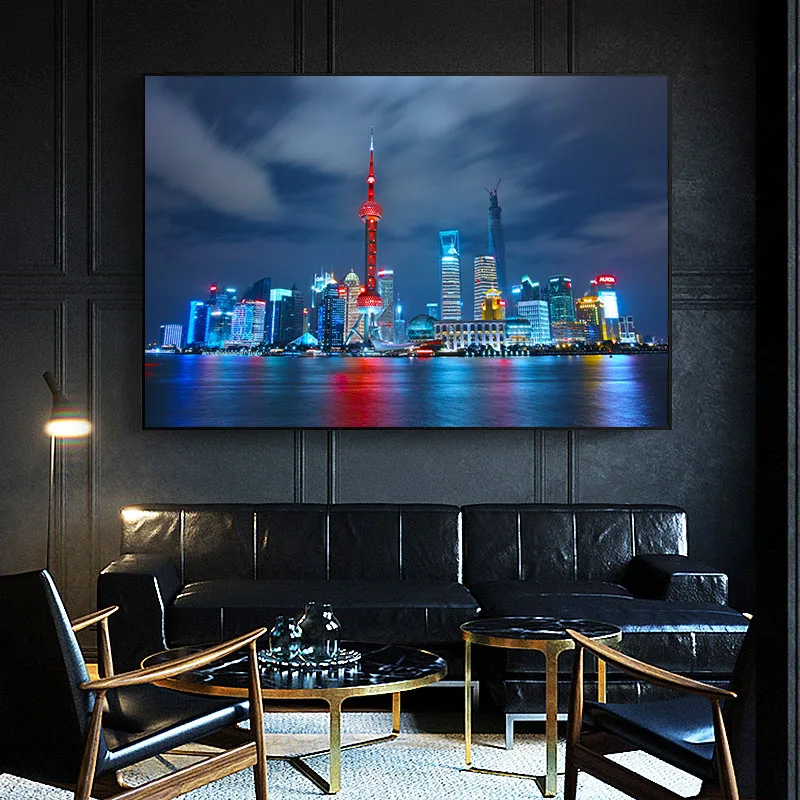 Modern Posters on The Wall of Shanghai Tower, China, Aurora High-rise Minaret Architecture Landscape Painting Room Home Decor