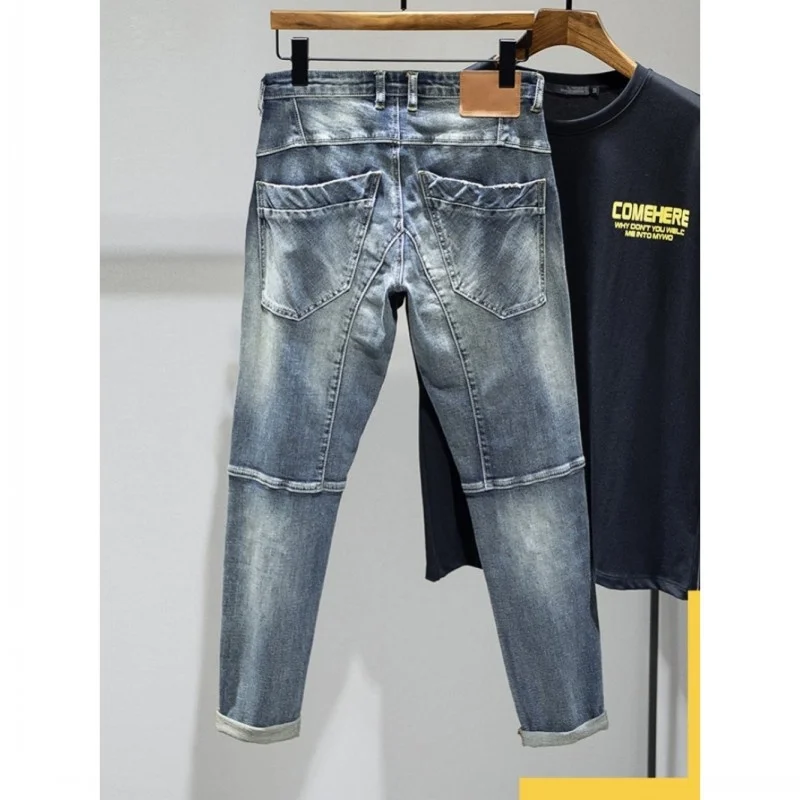 Jeans Biker Men Autumn Street Vintage Slim Denim Trousers High Quality Preppy Style Splice Zipper Blue Casual Pencil Pants Male