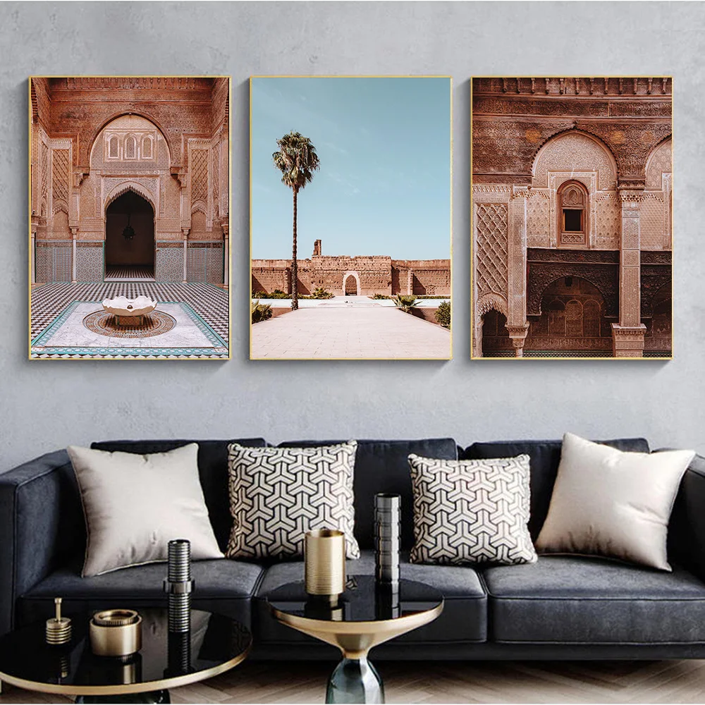 Moroccan Door Wall Art Marrakesh Arabic Calligraphy Canvas Panting Islamic Architecture Poster Print Wall Pictures Boho Decor