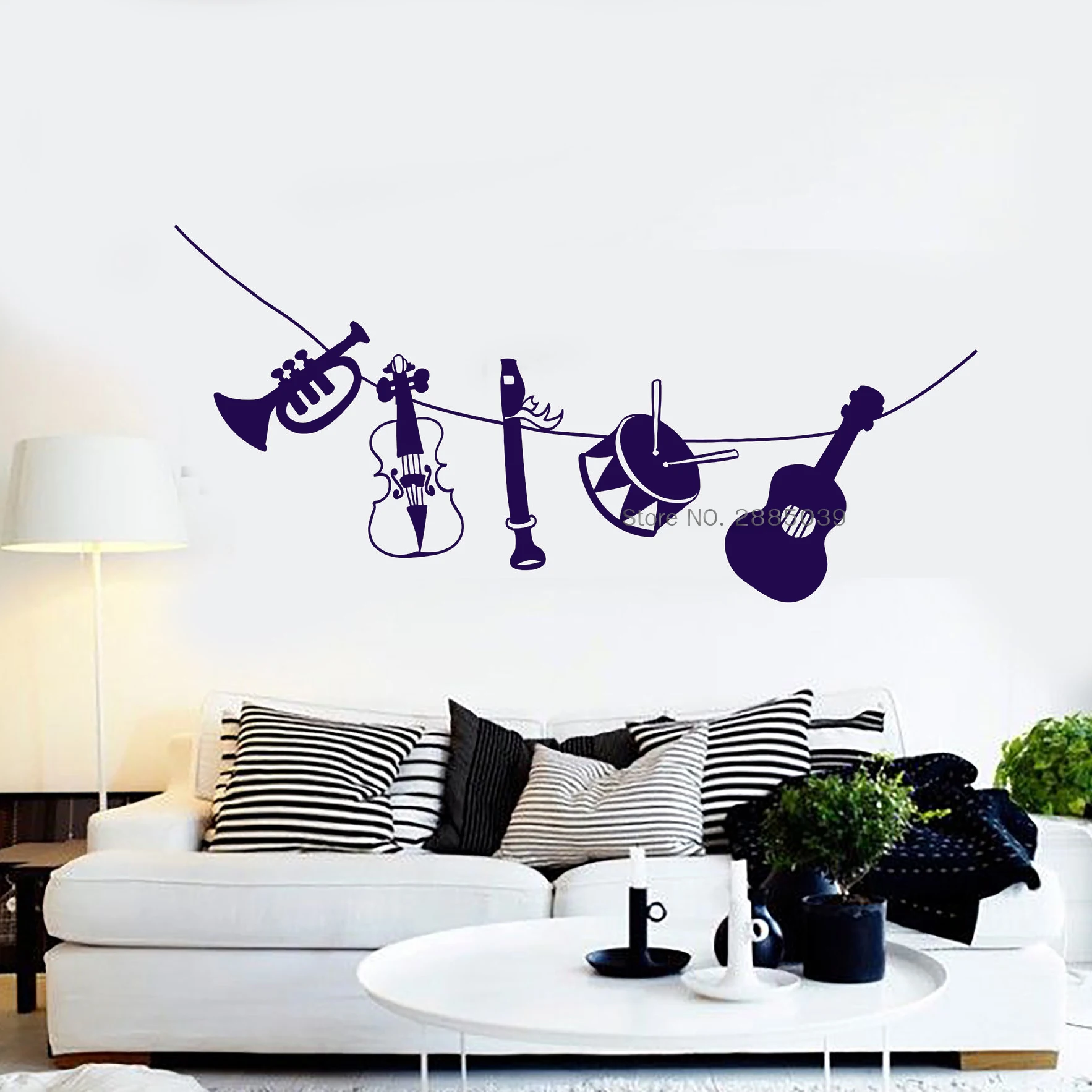 Musical Instruments Vinyl Wall Decal Guitar Drum Flute Violin Trumpet Pattern Stickers Art Wall Decor Interior Murals LC1592