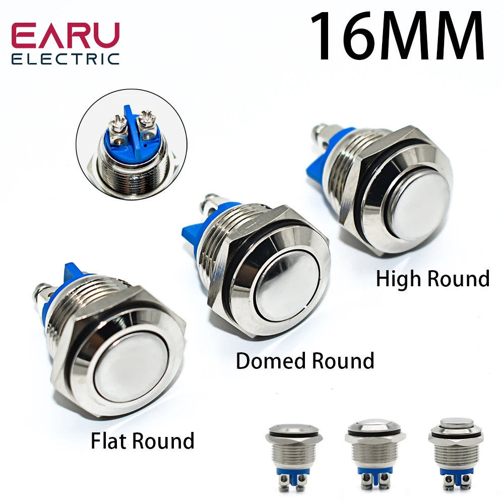 16mm 1NO Waterproof High Flat Head Momentary Reset Metal Push Button Switch Screw Terminal Car Engine Doorbell PC Power Switch