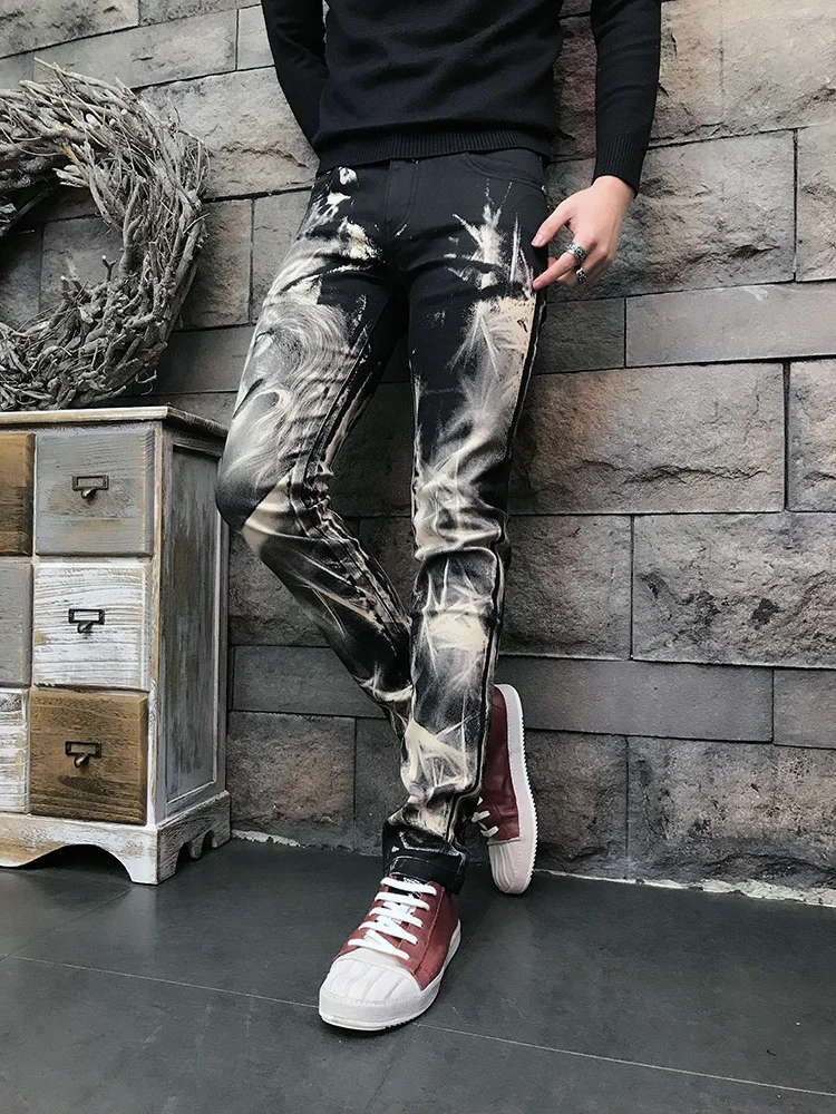 Wolf Men's Casual Print Jeans Male 3D Pattern Coloured drawing Paiting Pants Slim Stretch Cotton Denim Trousers High Quality