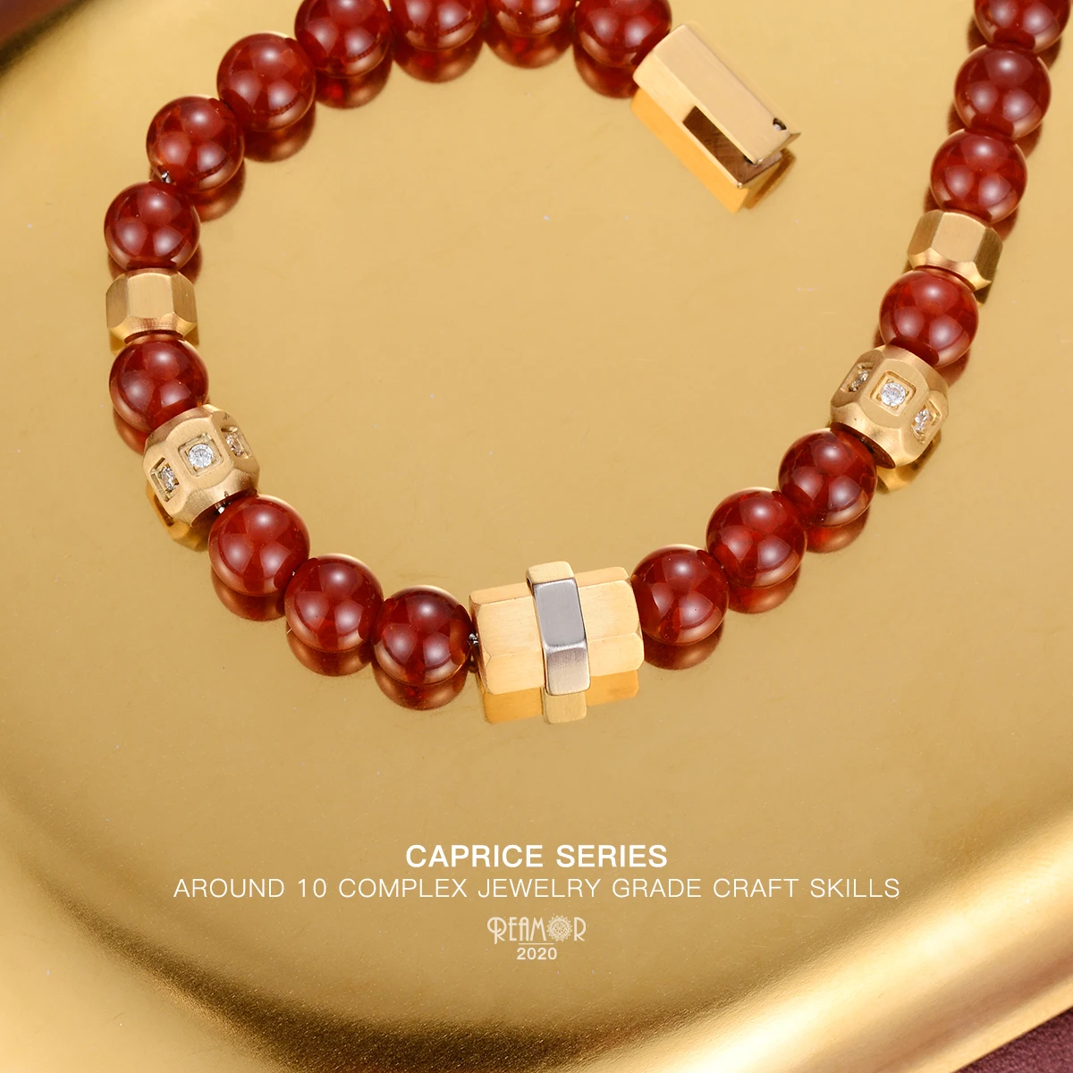 REAMOR White Zircon Golden CNC Beads Stainless steel Chain Bracelet Detachable Striped Carnelian Stone DIY Bracelet Men Women