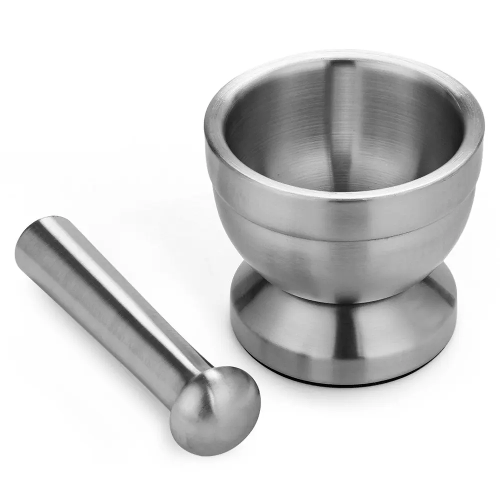 Double Stainless Steel Metal Mortar Salt And Pestle Pedestal Bowl Garlic Press Pot Herb Mills Pepper Spice Grinder  Pot