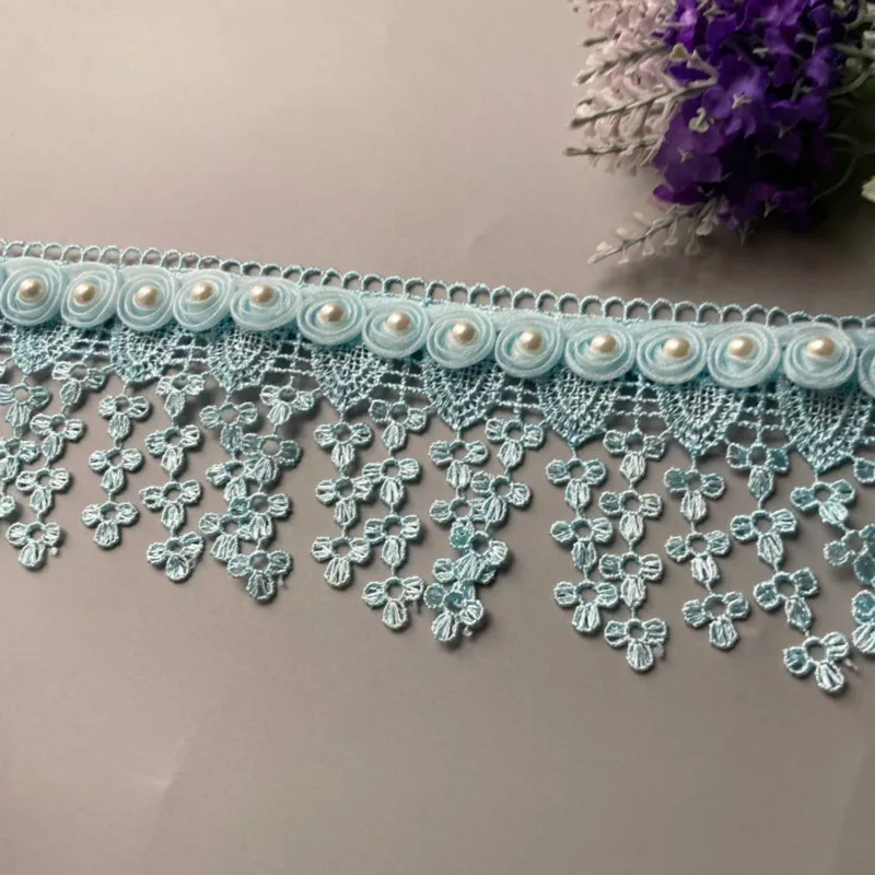 1 Yard Blue Pearl Tassel Plum Flowers Pearl Lace Trimmings Ribbons Beaded Lace Fabric Embroidered Sewing Wedding Dress 8cm New