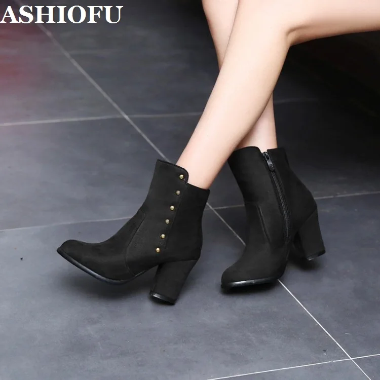 ASHIOFU Handmade Hot Sale Women's Chunky Heel Boots Comfortable Faux-suede Ankle Booties Large Size US5-US15 Fashion Short Boots