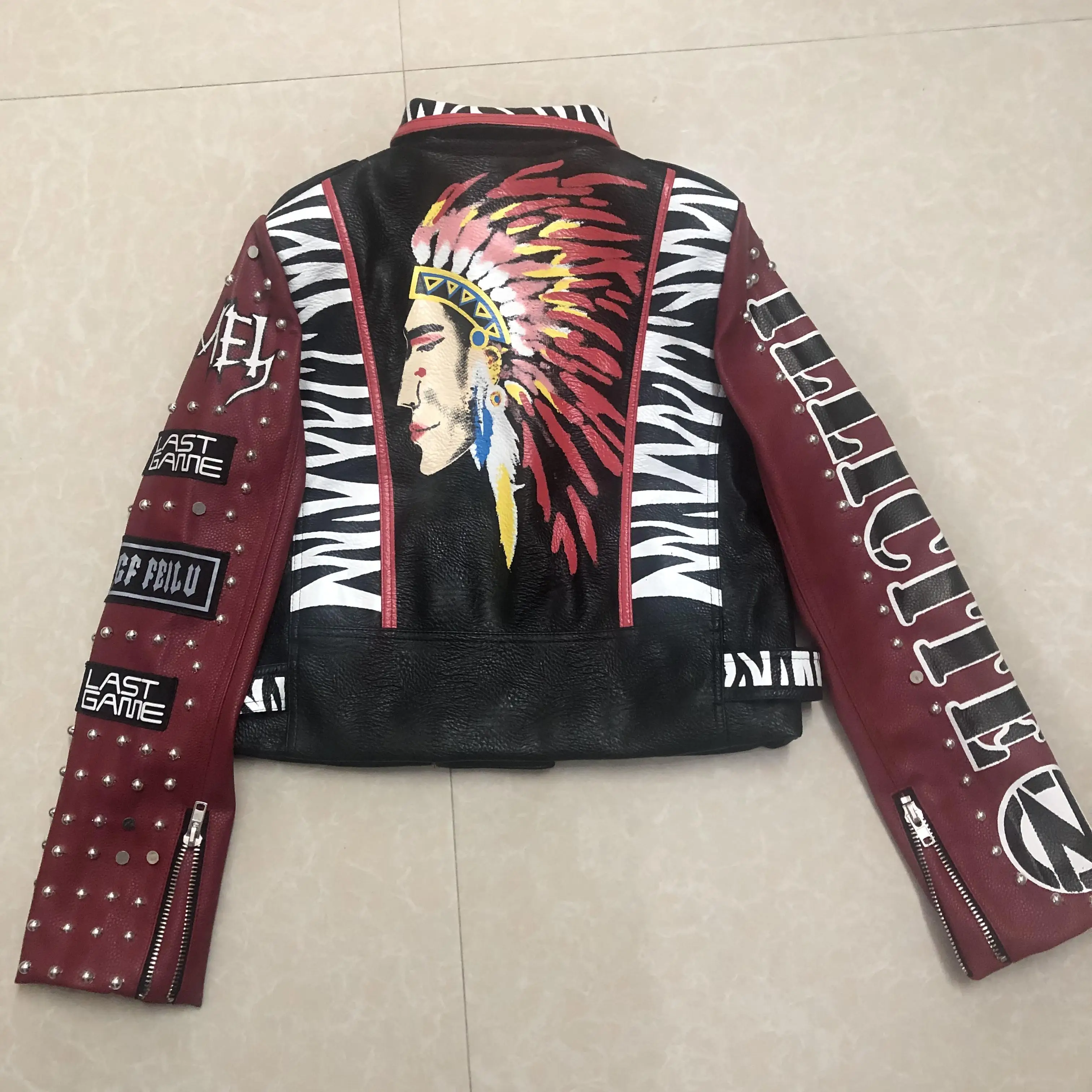 3D Graffiti soft pu leather jackets female cartoon character printed Jacket rivet beading Punk Rock Cropped leather Outerwear