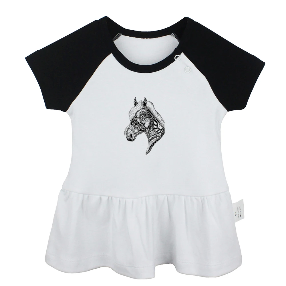 Cool Ornate Horse Head VTG Sketching Cute Defecate Marshmallow Design Newborn Baby Girls Dresses Toddler Infant Cotton Clothes