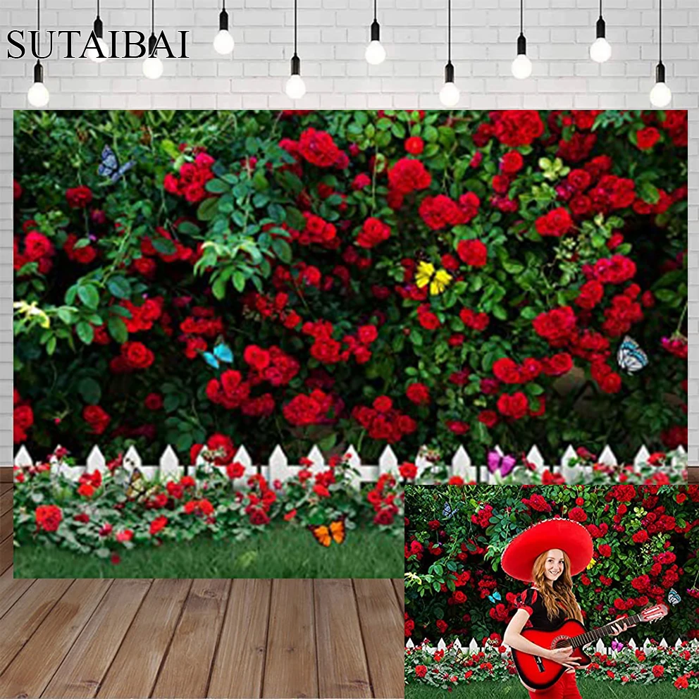 

Red Roses Garden Valentine's Day Photography Background Spring Green Leaves Grass Fence Wedding Backdrop Bridal Shower Decor