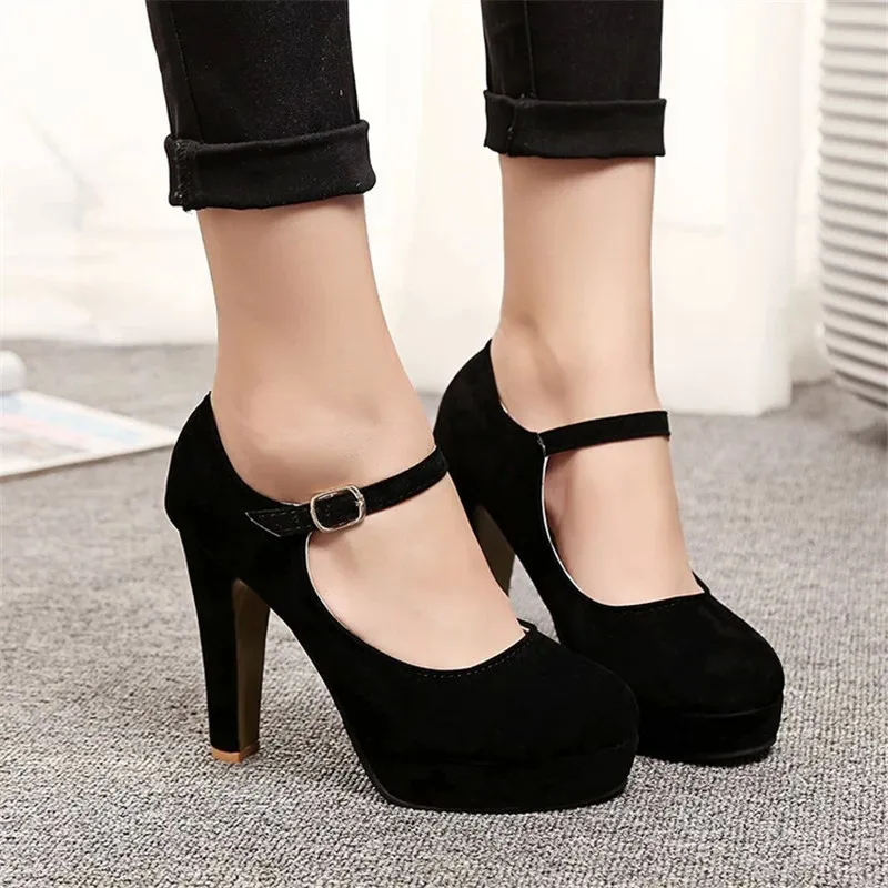 2025 Sexy Mary Janes New Women OL high heels Black Flock Women Pumps Female Platform Winter Thick with Autumn Round Single Shoes