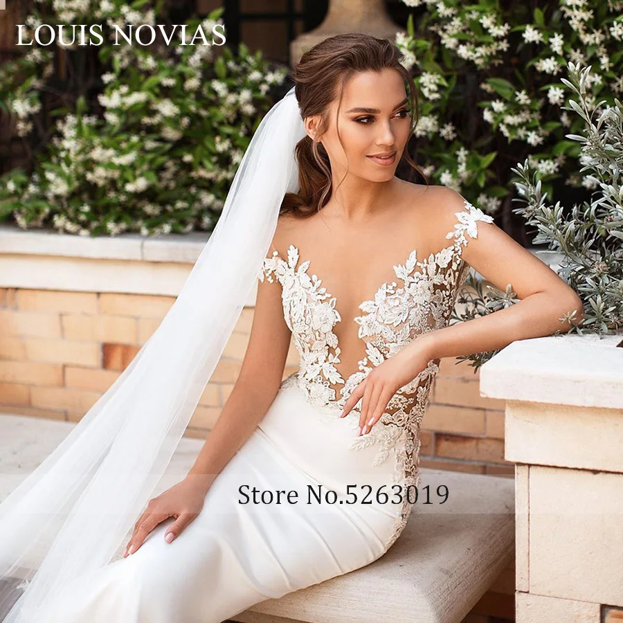 Louis Novias Gợi Cảm Người Yêu Thời Trang Hở Lưng Nàng Tiên Cá Áo Cưới Lãng Mạn Appliques Ngắn Áo Cưới Đầm Vestido De Novia