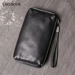 Men Genuine Leather Business Hand Phone Clutch Wallet Black Male Real Leather Handbag Men's Wrist Bag Large Coin Bag Purse