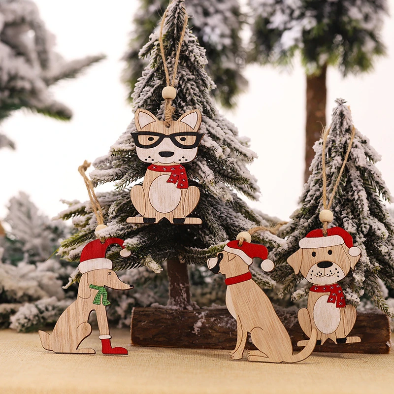 Buon natale ornamenti per auto in legno arazzi decorazioni natalizie animale cane albero alce Cartoon ornamenti per auto 2022 regalo di natale