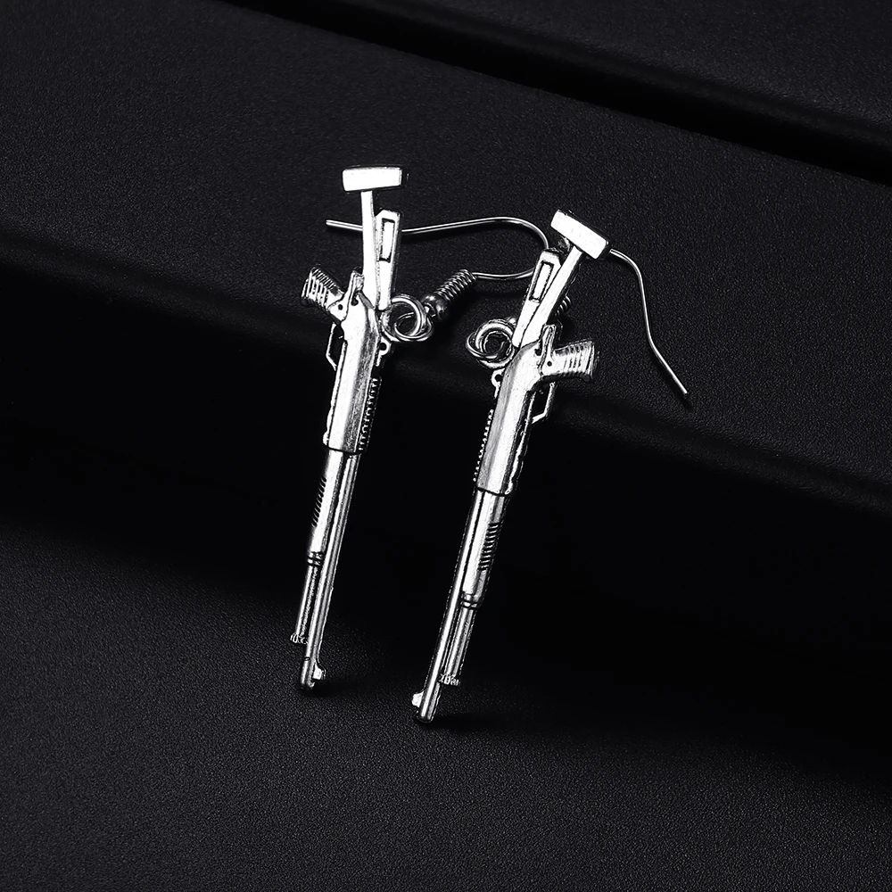 Trendy Vintage Shot Gun Shape Antique Silver Plated Punk Hiphop Rock Style Retro Drop Earrings for Women Girl & Man Jewelry