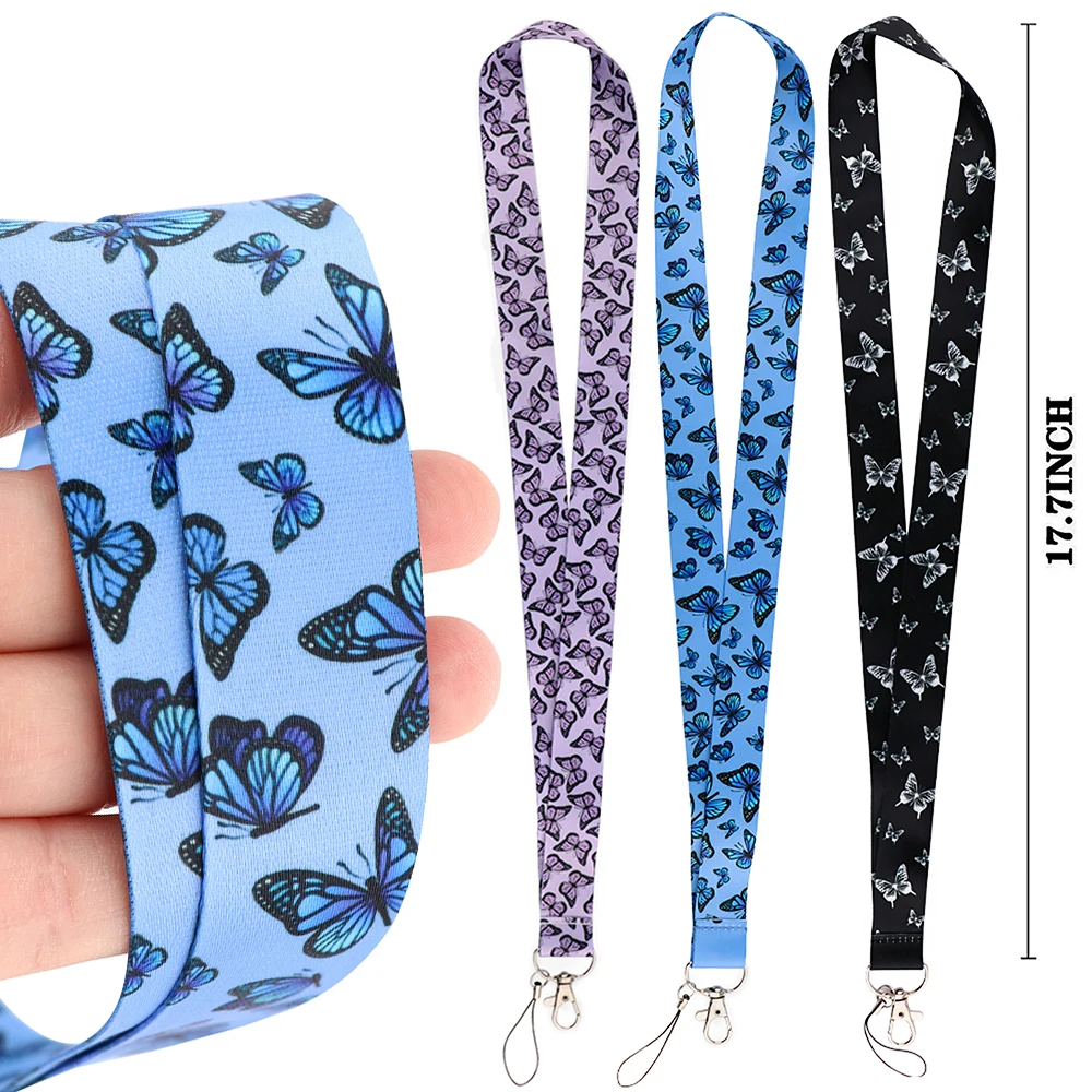 LX998 Blue Pink Butterfly Lanyard Travel ID Card Cover Neck Strap Keychain DIY Hang Rope ID USB Badge Holder Lariat Phone Straps