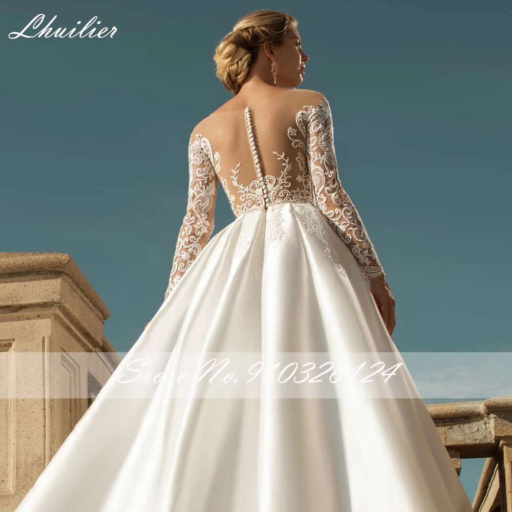 Lhuilier op maat gemaakte dames A-lijn satijnen trouwjurken vloerlengte volledige mouwen kanten applicaties bruidsjurken met kapelsleep