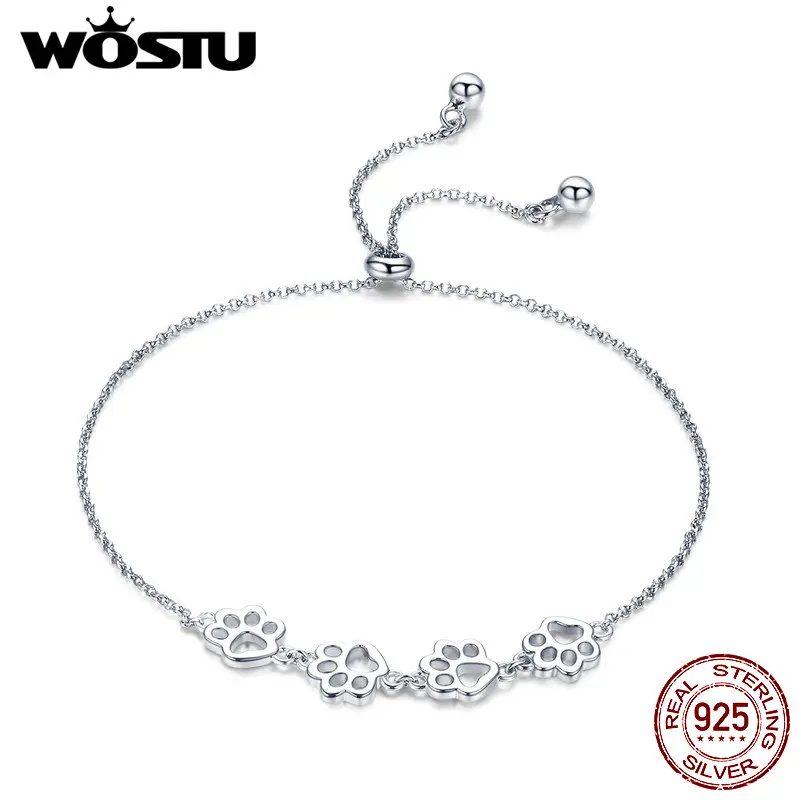 WOSTU Hot Fashion 925 Sterling Silver Paw Trail Dog Animal Chain & Link Bracelets For Women Cute Jewelry Lucky Best Gift CQB096